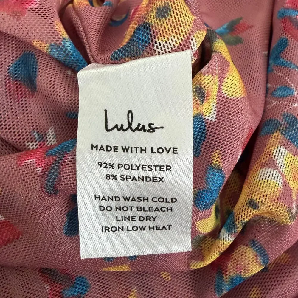 Lulus Love in the Garden Mauve Floral Print Mesh Bodysuit pink yellow blue